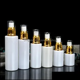 Packing Bottles 30Ml 50Ml 80Ml White Glass Pump Bottle Essential Oil Per Atomizer Spray With Gold Cap Collar Clear Er Drop Delivery Otoog