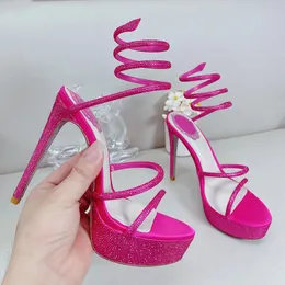Thin high heeled sandals formal shoes satin snake shaped winding rhinestone evening shoe women high heels luxury designer sandal