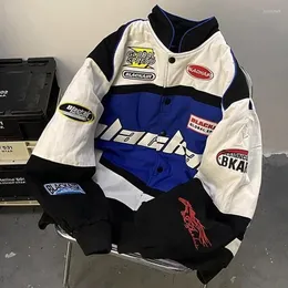 남성 자켓 겨울 유니섹스 특대 편지 자수 컬러 블록 Streetwear Mens Racing Suit 레트로 하라주쿠 남성 모터 바이커 자켓