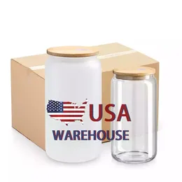 USA Warehouse Frosted Clear Blanks Sublimacja Tubllerzy 16 uncji Picie piwo piwo z bambusa pokrywka i słomka