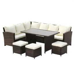 Coprisedie Oshion Mobili in rattan a 9 posti Divano da esterno Tavolo da pranzo con copertura antipioggia gratuita Vetro serigrafato nero Beige