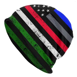 Berets Blue Red Green Line American Flag Beanie for Men Women - Cupped Cupped Capgy Plage Cap Cap Summer Winter Warm Daily Kni