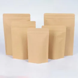 Förpackningspåsar 11 storlekar Brown Kraft Paper Standup Värmeförsegling Återförslutningsbar Zip Pouch Innerfolie Matförvaring Förpackningspåse med tår N DH50T