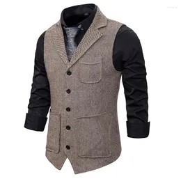 Men's Vests Men Suit Vest 2023 Fashion Korean Multiple Pockets Herringbone Tweed Mens Waistcoat Formal Business Slim Fit Sleeveless Jacket1
