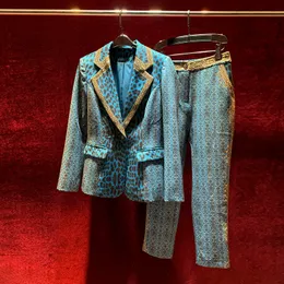 2 피스 팬츠 유럽과 미국 여성 겨울을위한 미국 여성의 착용 2022 긴팔 블루 레오파드 프린트 재킷 자른 바지 패션복
