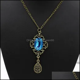 Pendant Necklaces Pretty Pendants Retro Hollow Blue Stone Droplets Lnecklace Sweater Crystal Drop Delivery Jewelry Dhvli