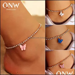 Anklets New European Creative Shiny Rhinestones Anklet Ins Winds Simple Butterfly Pendant Decorated Female Foot Tide Beach Chain Dro Dhphg