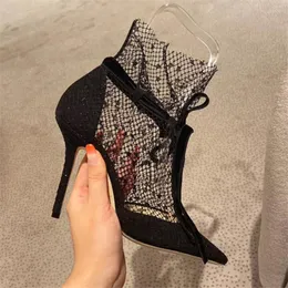 Elbise ayakkabıları sivri uçlu kadın pompalar ağ 10cm yüksek topuklu ayakkabı seksi içi boş yaz ayak bileği botları dantel gladyatör sandalet siyah stiletto