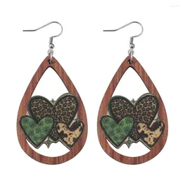 Hoop Earrings Hollowed Out Green Wooden Water Drop Holiday Wear Ornament