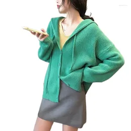 Kvinnors stickor stickade kofta kvinnors huva höst/vinter ut slitage kort botten skjorta lös jacka outfit grön tröja gilet femme