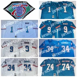 Camisas de futebol Mitchell e Ness Retrocesso de futebol 1980 1997 Vintage 34 Earl Campbell Jersey 75º aniversário 1 Warren Moon 9 Steve McNair 74 Bruce