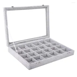 Jewelry Pouches SZanbana Large Grey 24Grid Velvet Tray Showcase Metal Lock Display Storage Glass Window Organger Removable Case