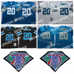 Camisas de futebol Mitchell e Ness Retrocesso Futebol Vintage 20 Barry Sanders Jersey 1994 Retro 75º aniversário Cor da equipe Preto Azul Branco Todos costurados
