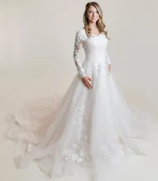 Apliques de renda Tule modestos vestidos de noiva A-line com mangas compridas decote em cora￧￣o BOTNES DE VOLTOS CￍNTEIROS CAMￍCILOS