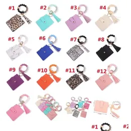 Party Favor DHS Fashion Pu Leather Armband Wallet Keychain Tassels Bangle Key Ring Holder Card Bag Sile P￤rrad Wristlet Keychains H DHJZ9