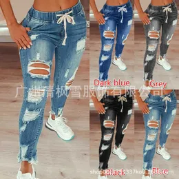 S-5XL Plus Size Women's Pants Elastic Waist Jeans Womens Middle Waist Lace Up Slim Leggings Holed Jean Denim Pants Trousers