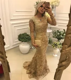 Elegant Gold Floral Lace Mermaid Evening Dresses Sleeves Applique Beaded Long Prom Dress Formal Event Party Gowns Classic Women Mother Wear