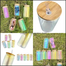 Tumbler Colorf Şeffaf Cam 16 oz 20oz süblimasyon bambu kapak ve yeniden kullanılabilir st Diy su kupaları 15hm t2 damla teslimat H DH30F