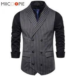 Män s västar mens väst stripe pläd formell kostym män mode avslappnad dubbel bröst ärmlös gilet manlig affärsklänning 230112