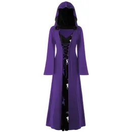 Casual Dresses Women Medieval Renaissance Gothic Hooded Lace-Up Halloween Long Sleeve Witch Cloak Dress Cosplay Party Vintage Robe