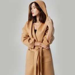 レディースウールブレンド倍増したカシミアコートミディアム韓国のファッションレースアップフード付き厚いスリミングフィットフーディーマックス230112