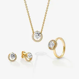 Shine Gold Plated Jewelry Set Sparkling Round Halo Ring Necklace Earrings Set Fit Pandora Jewelry Engagement Wedding Lovers