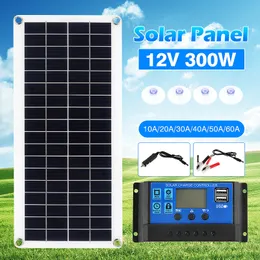 Solpaneler 300W Flexibel solpanel 12V Batteriladdare Dual USB med 10A-60A Controller Solar Cells Power Bank för telefonbil Yacht RV 230113