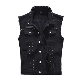 Männer Westen Denim Weste Punk Rock Niet Cowboy Schwarz Jeans Weste Mode Motorrad Stil Ärmellose Jacke M 5XL 230112