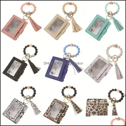 Party Favor Leather Bracelet Wallet Keychain Tassels Bangle Key Ring Holder Card Bag Sile Beaded Wristlet Keychains Handbag Drop Del Otxkj