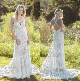 Vintage Bohemian A-Line Gelinlik 2023 Retro Tığ Alanı Sırtsız Yaz Tatil Beach Country Bridal Gowns Robes