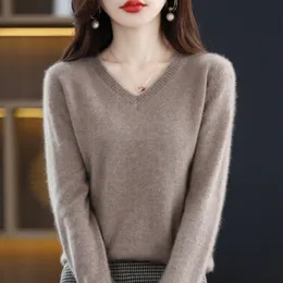 Women's Sweaters FallWinter 100 Pure Wool Pullovers Casual Ladies Tops Elegant Loose Basic VNeck Cashmere Sweater 230113