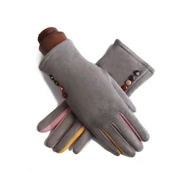 Fingerless Gloves Winter Female Single Layer Warm Cashmere Full Finger Button Cycling Mittens Women Suede Leather Touch Screen Driving Gloves J23 230113