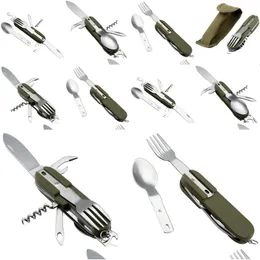 Servis uppsättningar Army Green Folding Portable Stainless Steel Cam Picnic Cutlery Knife Fork Spoon Bottle Opener Flatvaror Tabeller Tra Dhhbg