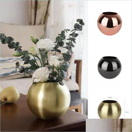 Vases Stainless Steel Vase Mental Round Flower Pot Golden Black Planter Succent Green Plant Bonsai Polished Flowerpot Drop Delivery Dhuae