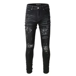 Mäns jeans svart high street mode mager förstört slips färgbanden bandana broderade lappar smala fit repade rippade för män 230113