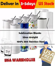 US Warehouse Sublimation Blanks Tumblers 20oz Stainless Steel Straight Blank Mugs with Lids and Straw Heat Transfer Gift tt0113
