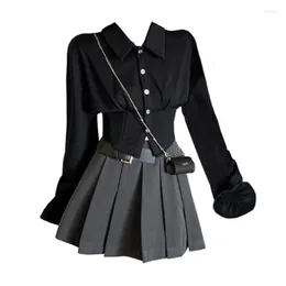 Arbeitskleider 2023 Vintage Gothic Chiffon Shirt Falten Rock Anzüge Japanische Schule Kawaii Y2K Outfits Preppy Style Uniform Frauen 2 Stück