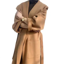 Women Wool Blend en Hoodie Coat Winter Grade Grade Big Rown Down Twlar Beautiful Wited Withed With Belt Max 230112