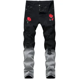 Herren Jeans Schwarz Kleine Beinhose Rose Stickerei Loch Original Design Farbverlauf Mode Hip Hop Kleidung 230113