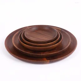 Kitchen Storage 11x11x2cm Natural Wooden Tray Food Tea Coffee Serving Plate Round Fruit Bread Dishes Snack (Brown)