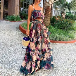 Dwuczęściowa sukienka Kobiety Summer Boho Beach dwuczęściowy zestaw seksowna spódnica plon top maxi długa spódnica kwiatowe marszczyki wysokie talia swobodny dwupoziomowy T230113