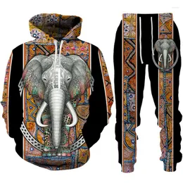 남자 트랙 슈트 아프리카 대시키 옷 코끼리 3D 프린트 남자 까마귀/지퍼 스웨트 셔츠/바지/세트 전통적인 빈티지 스트리트웨어