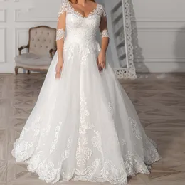 Elegant Lace A Line Wedding Dresses 2023 Appliques Half Sleeve V Hals Dekte Button Sweep Train Bruidsjurken voor bruid plus maat op maat gemaakt