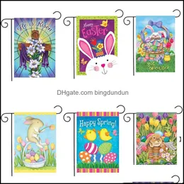 Banner Flags New47X32Cm/19X13Inch Linen Double Sided Easter Garden Flag Rabbit Printed Happy Eggs Bunny Home Outside Yard Seaway Dro Ot9Ps