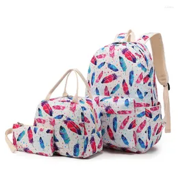 Zaino Set da 3 pezzi BORSA con piume colorate Borse per libri scolastici Ragazzi Ragazze Studenti Astuccio per pranzo