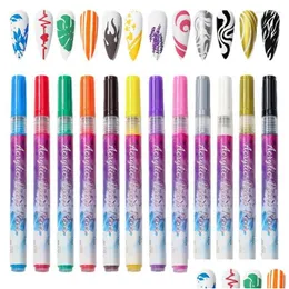 Nail Art Kits 3D Pens Set 0.7Mm Tip 12 Colors Doodle Makeup Supply Pen Kit For Flower Painting Pattern Drop Delivery Health Beauty Dha4V