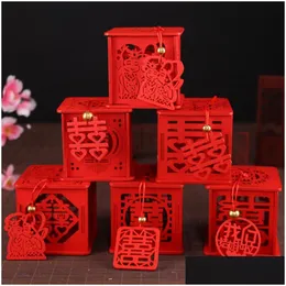 Подарочная упаковка Многие стили Деревянные китайские коробки для двойного счастья Свадебные сувениры Коробка конфет Красный Классический сахарный футляр с кисточкой 6,5X6,5X6,5 см Dhsgq