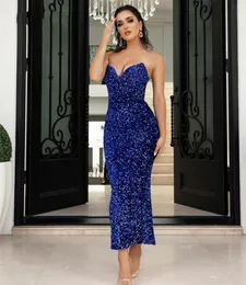 Sexy Sweetheart Strapless Velour Sequins Mermaid Evening Dresses Short Royal Blue Formal Party Gown Tea Length Abendkleider