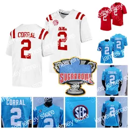 Maglie da calcio NCAA Ole Miss Rebels Maglia da calcio Matt Corral Sugar Bowl Patch Rosso Baby Blue Bianco Taglia S-3XL Tutti i ricami cuciti