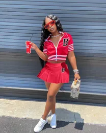 Two Piece Dress Echoine Summer Young Sports pleated Mini Skirt and Zipper Baseball Short Jacket Two Piece Set Striped Letter Print Crop Top T230113